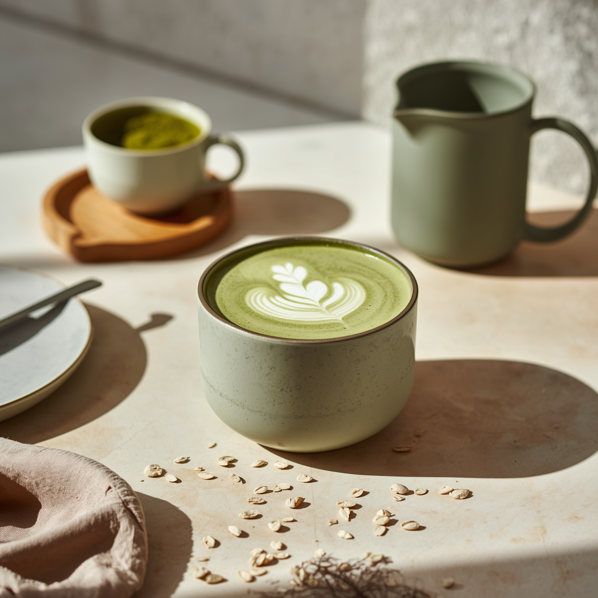 Matcha latte au moringa et lait d’avoine préparé avec le Moringa Bio Element of Earth, photographie culinaire Element of Earth