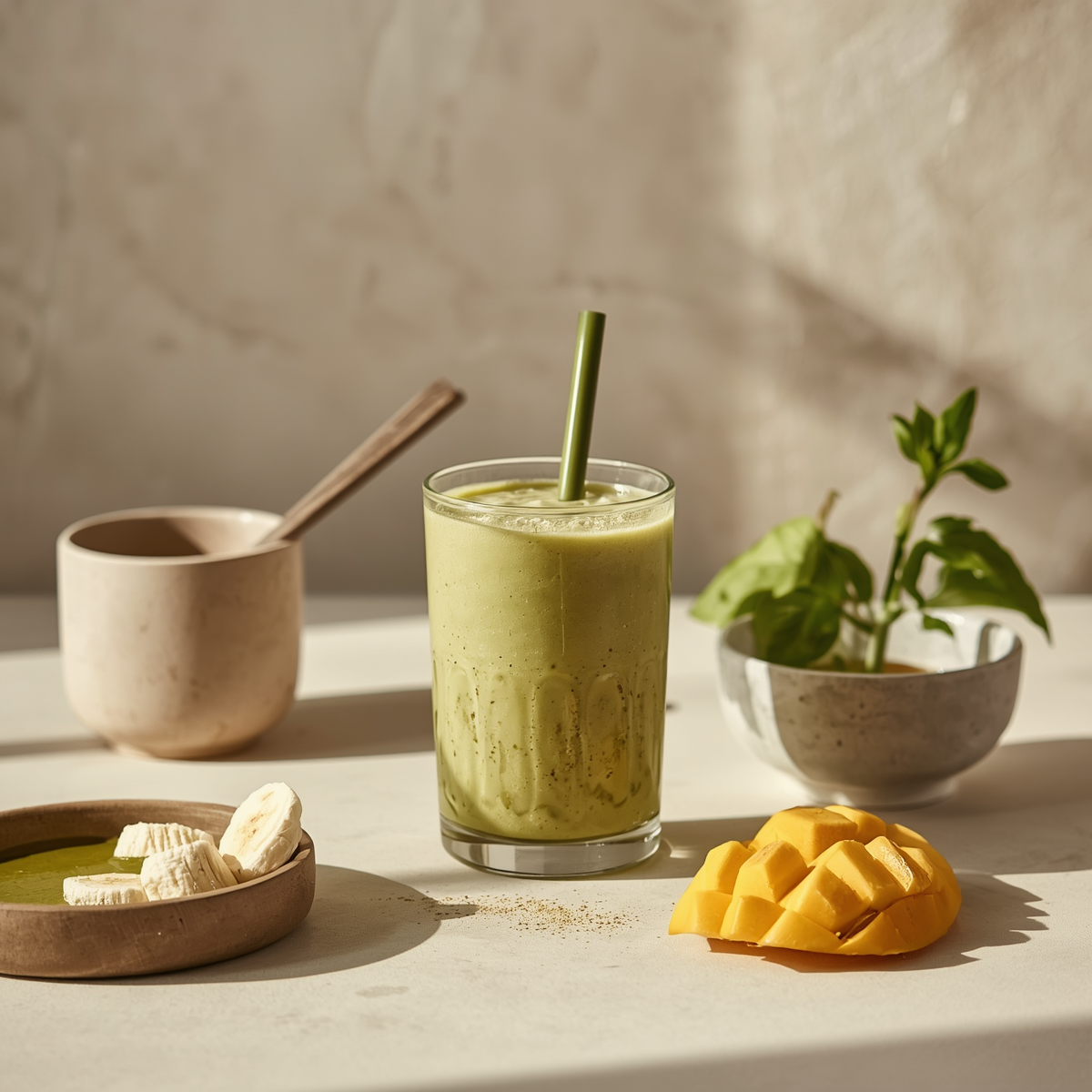 Smoothie mangue, banane et moringa préparé avec le Moringa Bio Element of Earth, photographie culinaire Element of Earth
