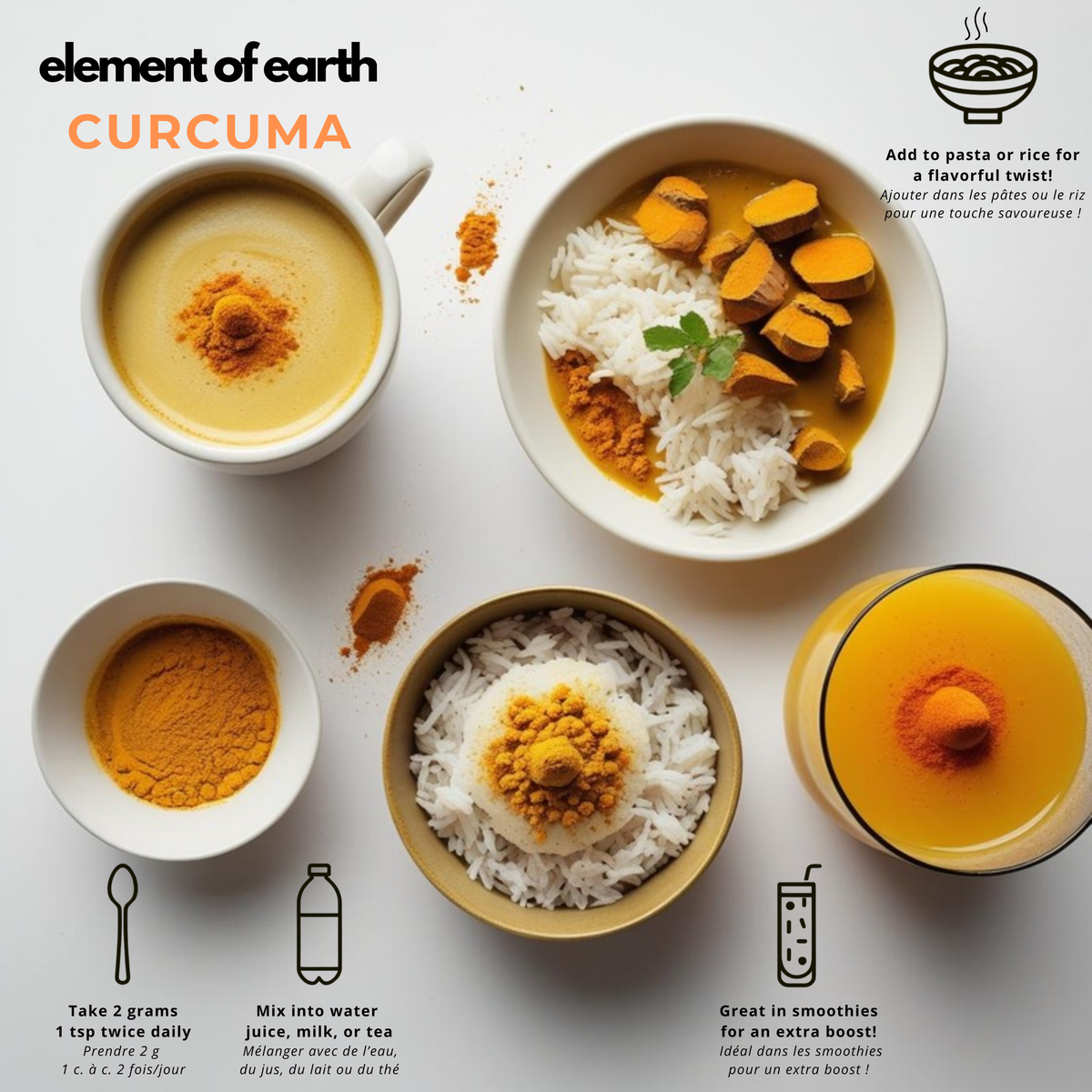 Idées recettes au curcuma bio en poudre : golden latte, curry, riz