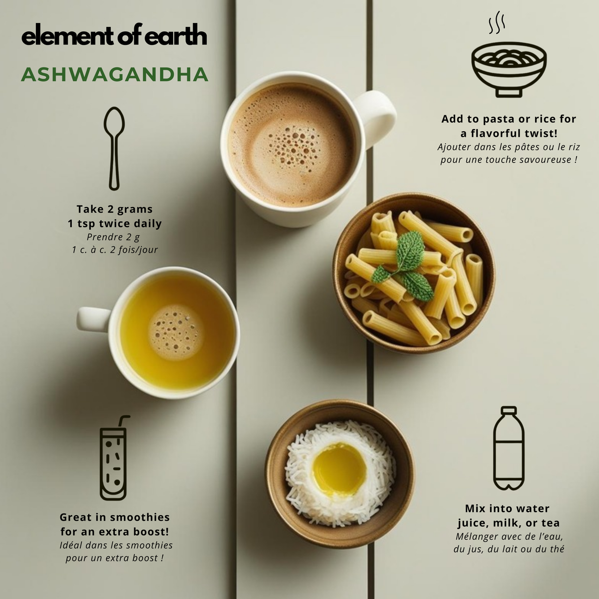 Idées d’utilisation de l’ashwagandha bio en poudre : lait végétal, smoothie, pâtes, riz