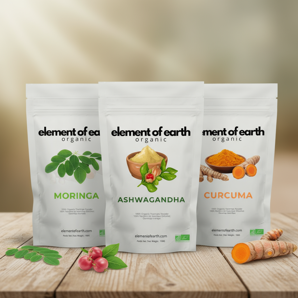 Trio Element of Earth : moringa, curcuma et ashwagandha bio, trois sachets de 100 g